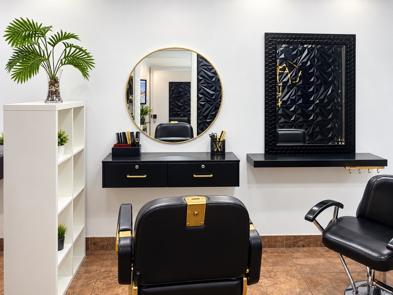 Postes de coiffure avec miroirs dorés et fauteuils noirs et dorés